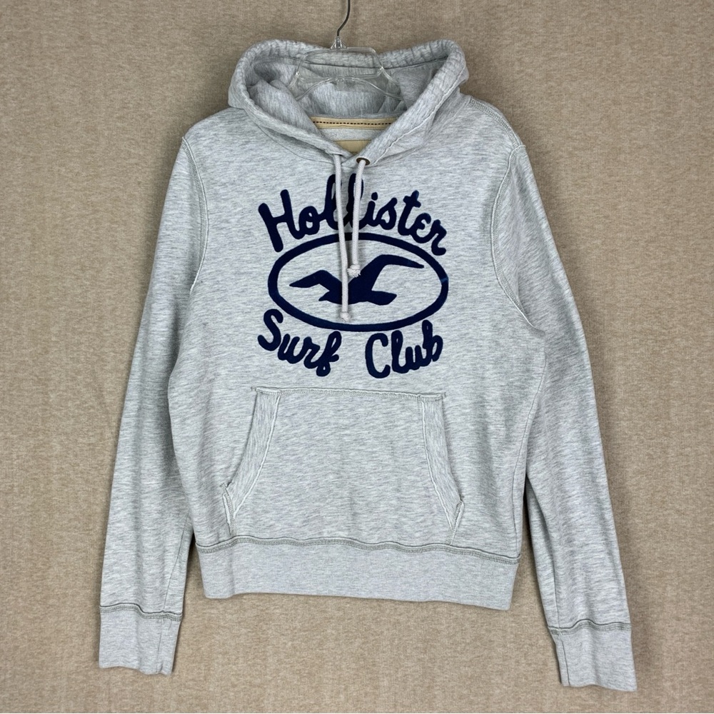 Vtg Hollister Hoodie Mens L Gray Y2K Spell Out Logo Surf Club Sweatshirt Heavy